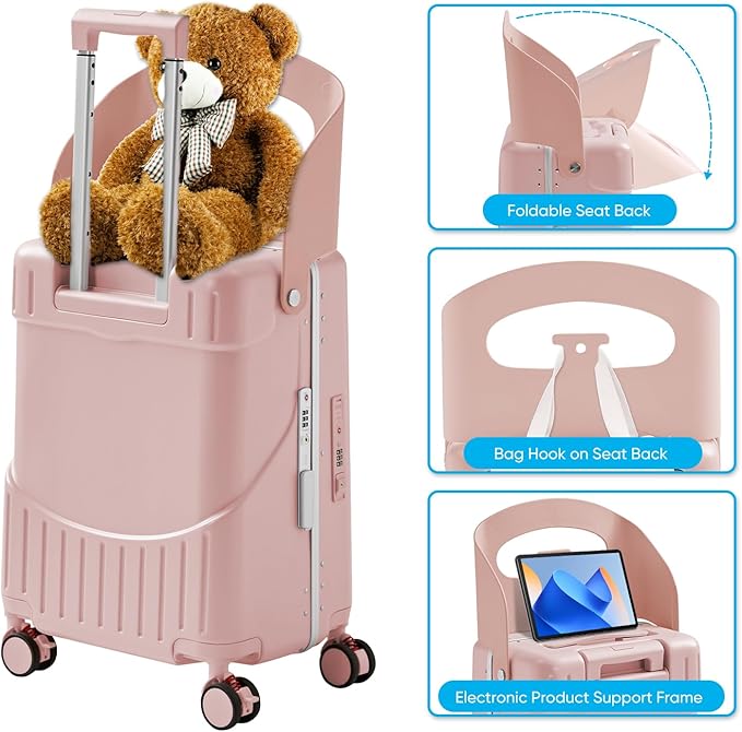 TABU 20" Ride-on Luggage with Seat，Front Opening Carry-On Hardshell Ride On Suitcase with Built-in Charging Port, 360° Lockable Spinner and TSA Lock, for Kids & Adults, Pink