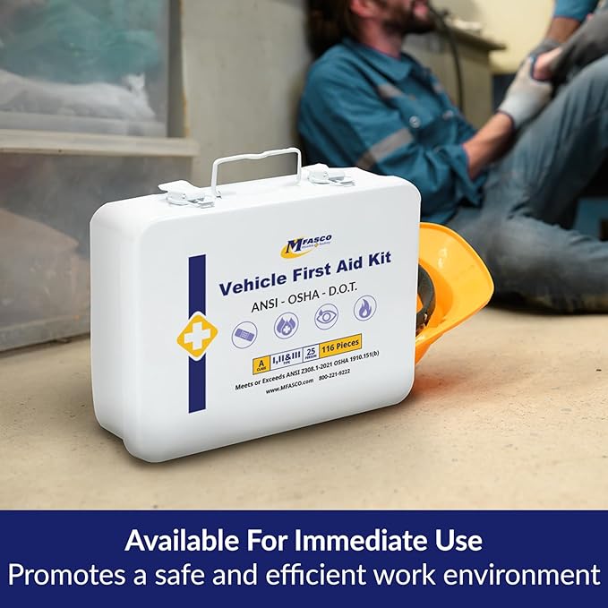 MFASCO Vehicle First Aid Kit - DOT/ANSI/OSHA Compliant - Metal - Portable & Mountable - Waterproof - First Aid Kits for Businesses, Construction, Commercial Vehicles, Workplaces - 115 Pcs