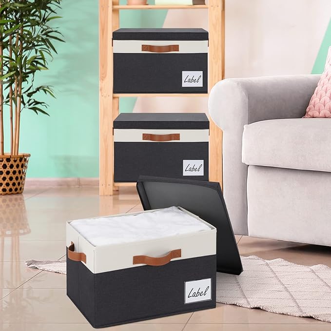 GhvyenntteS Extra Large Storage Bins with Lids, Foldable Fabric Storage Boxes with Lids and 3 Leather Handles, Storage Baskets with Label Window (6 Pack, Black, 15.75" x 11.8" x 10.2")
