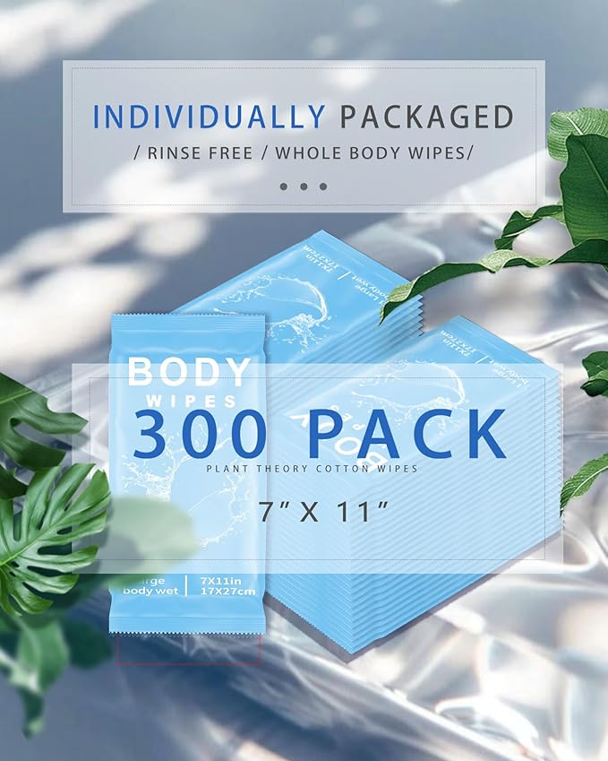 FUMMI 300 Pack Body Wipes – Large Individually Packaged Bath Wipes for Adults, Travel, Gym, Camping, Elderly, Bedridden – No Rinse Bath Wipes, Moisturizing & Refreshing Clean