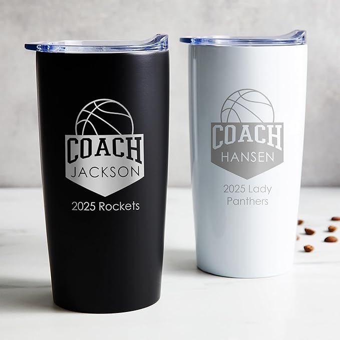 Lifetime Creations Personalized Basketball Coach Tumbler: Custom Basketball Coach Gift, Coaches Coffee Travel Mug from Team, Insulated Engraved Stainless Steel 20 Ounce Cup (Matte Black)