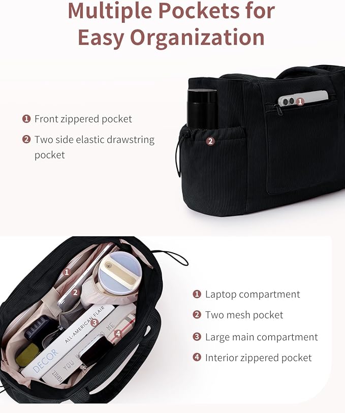 ECOHUB Tote Bag for Women, Work Tote Bags with Laptop Compartment, Large Corduroy Tote Bag with Stanley Cup Holder