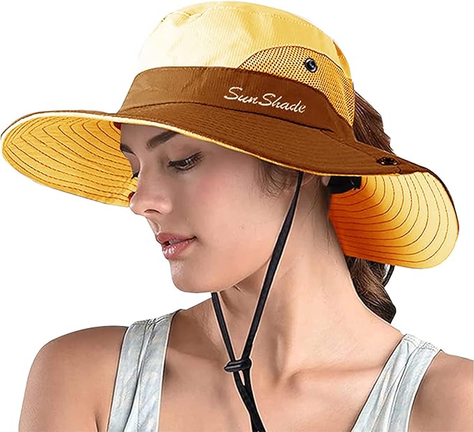 ZOORON Women's Ponytail Safari Sun Hat,Wide Brim UV Protection Outdoor Bucket Hat,Foldable Beach Summer Fishing Hat