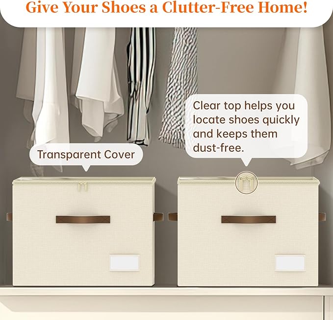 Shoe Organizer for Closet, Foldable Shoe Storage Containers, Fits up to 16 Pairs, Large Shoe Storage Organizer Box Cubby Baskets Bins with Clear Cover and Reinforced Handles, Beige