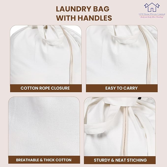 LFH Home Cotton Canvas Large Laundry Bag with Handle, Heavy Duty Drawstring Closure Washable Laundry Bags, School Travel, Home, Hotel, College Dorm, Organizer Sack, Toy Clothes 24x36 (Pack of 2)-White