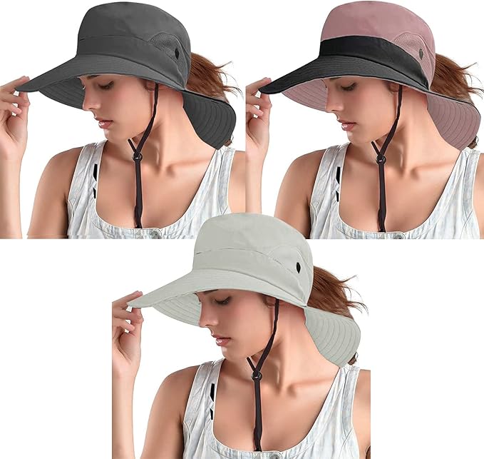 Rosoz Ponytail Sun Bucket Hats for Women UV Protection Foldable Mesh Wide Brim Hiking Beach Fishing Summer Safari