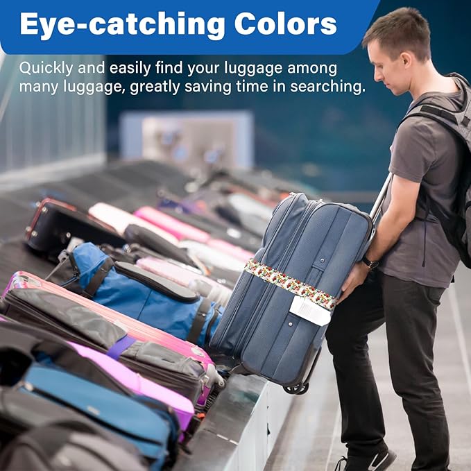 Luggage Straps for Suitcases, Travel Adjustable Belt with Quick Release Buckle, Heavy Duty Nylon Bag Packing Strap, Unique Bright Identifiers Business Travel Accessories (2 Pack) - Red Yellow Flowers