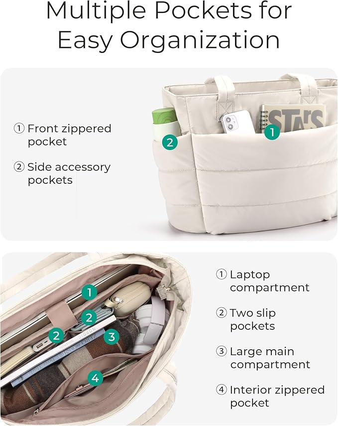 BAGSMART Tote Bag for Women, Lightweight Puffy Tote Bag with Compartments Shoulder Bag Handbag for Travel, Work, Gym,