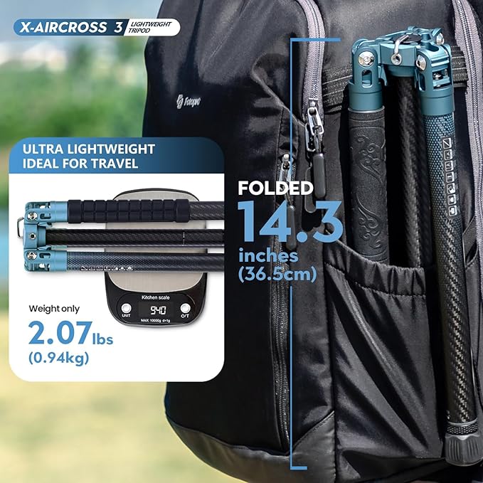 Fotopro 62 Inch Carbon Fiber Tripod for Camera Ultralight Travel Camera Tripod Max Loads Up 22lbs X-Aircross 3 Blue
