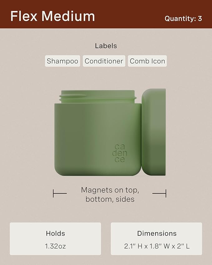 Cadence Travel Containers Haircare Capsule Set - Magnetic Containers with Lids,Carry On Travel Essentials For Women/Men - 3 Flex Mediums (1.32oz) - Shampoo, Conditioner & Comb Icon Labels - Eucalyptus