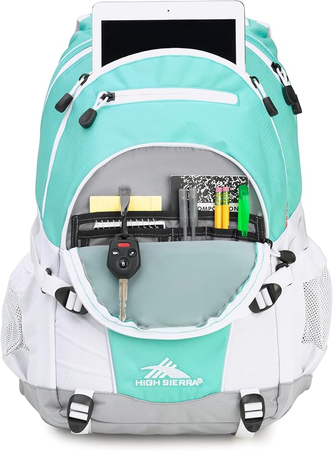 High Sierra Loop Backpack, Travel, or Work Bookbag with tablet sleeve, One Size, Aquamarine/White/Ash