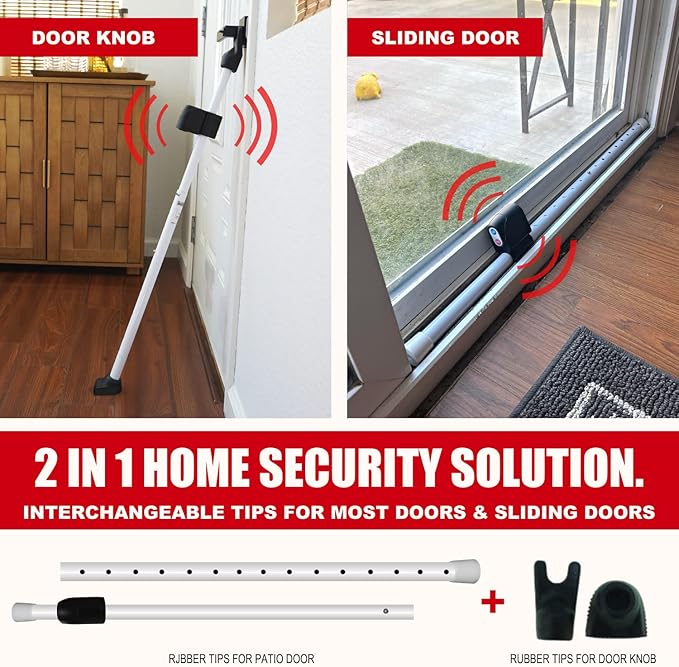 SECURITYMAN 2-in-1 Door Security Bar with Alarm & Sliding Door Stopper Security Bar with 120db Loud Siren - Rugged Iron Rated for 400lbs, (Protects Against Scratches) New Model for Wider Compatibility