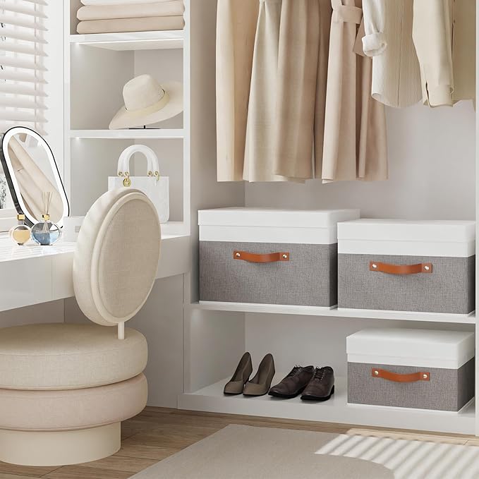 Fabric Storage Boxes with Lids, Linen Foldable Cloth Baskets, 17.7 x 11.8 x 11.8 Inch Closet Organizer Containers with Double Handles, Sweater Bins for Bedroom, White and Grey, 5 Pack