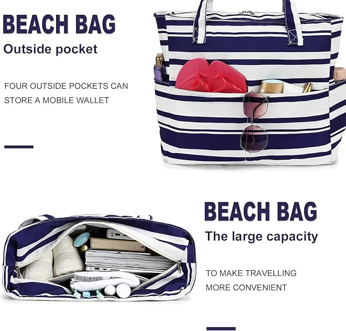 LEDAOU Beach Bag Waterproof Sandproof Women Tote Bag Pool Bag with Zipper for Gym Grocery Travel with Wet Pocket