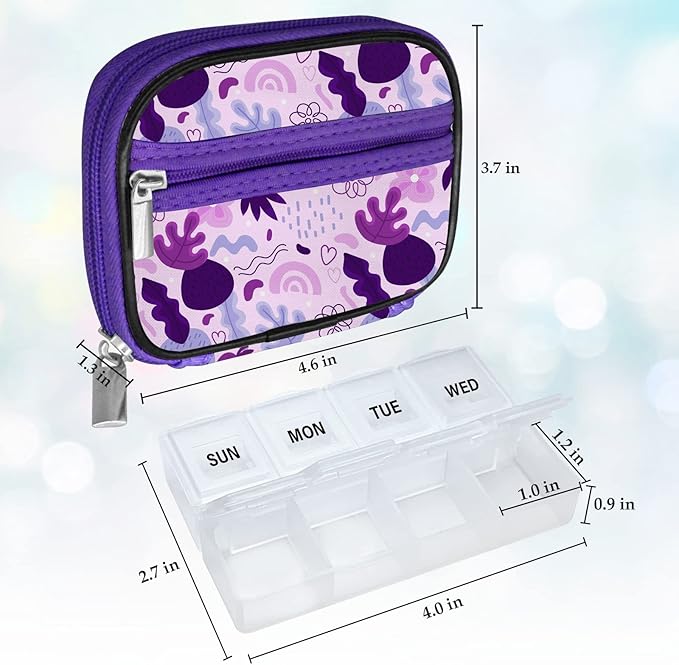Serfeymi Weekly Travel Pill Organizer Pill Case for Purse with Removable 7 Day Pill Box, Fashionable Travel Medicine Organizer Pill Container for Medicine, Vitamin - Purple 02