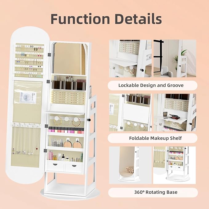 RQZ 8 LEDs Jewelry Cabinet Armoire Standing, 360° Swivel Jewelry Organizer, Lockable Jewelry Storage with Rounded Wide Full-Length Mirror, 4 Storage Shelves, Interior Mirror (61.4" H)