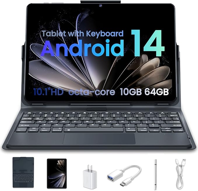 Tablet 10 Inch Android Tablets | with 10GB RAM + 64GB ROM (1TB Expand) | Octa-Core | 1280x800 IPS HD Touchscreen | Dual Camera | 6000mAh. Tablet with Keyboard (Black)