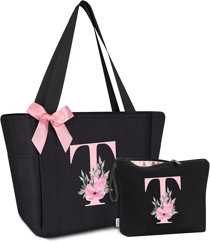 Vavabox Tote Bag, A-Z Initial Monogrammed Waterproof Tote Bag, Bridesmaid Gifts for Women, Black and Pink