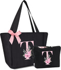 Vavabox Tote Bag, A-Z Initial Monogrammed Waterproof Tote Bag, Bridesmaid Gifts for Women, Black and Pink