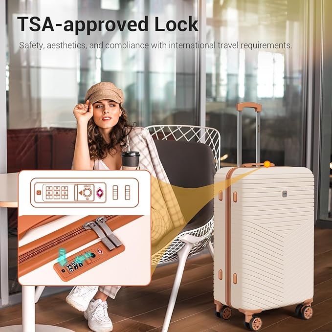 Hoteel 4 Piece Luggage Set (4-YEAR WARRANTY) with Spinner Wheels & TSA Lock, Carry on Luggage Hardshell ABS+PC, Travel Collection Suitcases Sets, Beige(13/20",Travel Bag,Cosmetic Bag)