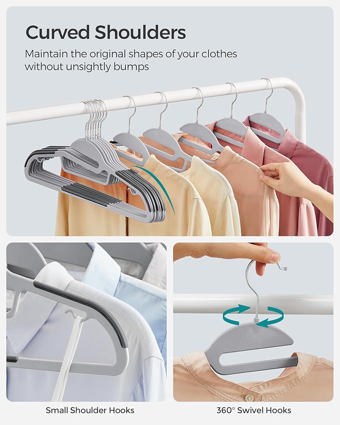 SONGMICS 30 Pack Coat Hangers, Heavy-Duty Plastic Suit Hangers, S-Shaped Opening, Space-Saving, 360º Swivel Hook, 16.3 Inches Wide, Light Gray and Dark Gray UCRP041G05