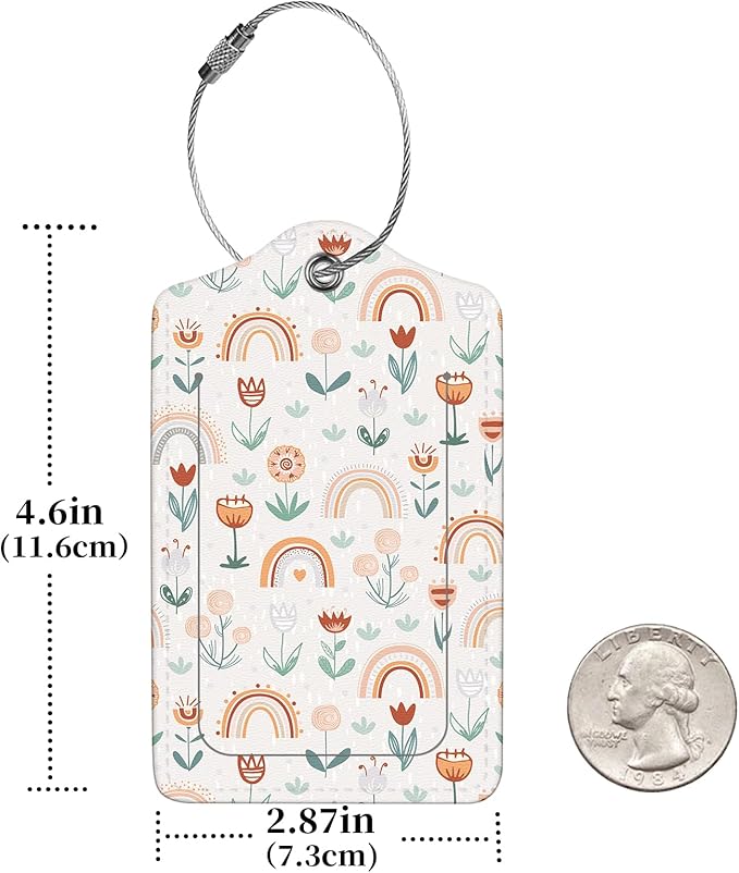 2 Pcs Luggage Tags for Suitcase, Cute Unique PU Leather Travel Bag Tag with Privacy Cover ID Label Address Card and Durable Metal Ring Suitable for Men Women Children Backpack,Rainbow and Flowers