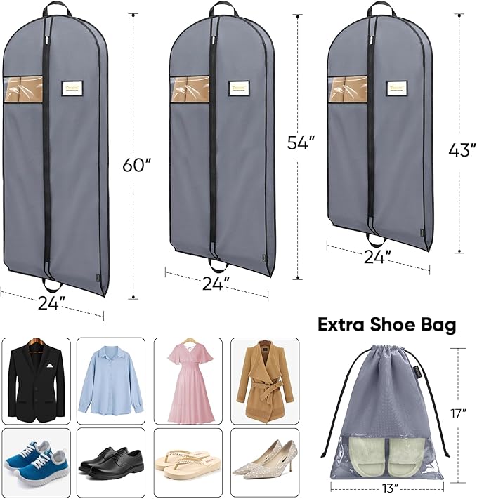 BALEINE 2PK Heavy Duty Garment Bag with Shoe Storage Travel Bag for Dresses, Suit, Coats Travel Essential (54", Grey)
