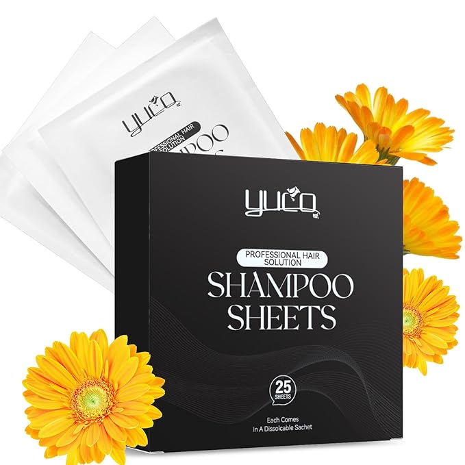 YUCO Travel Hair Shampoo Sheets Travel Pack 25 Tablets,Individual Sachet,for Hair Washing,Calendula officinalis Scent,For Gym,Camping,Vacation,Hotels,Hospital,Business Trip,Flight Travel Essentials