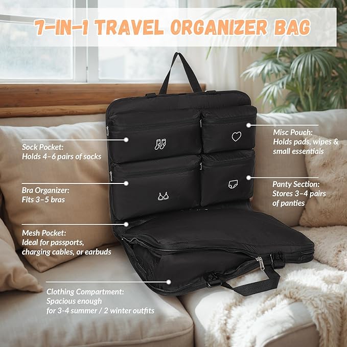 Hanging Packing Cubes,Garment Bags for Travel and Storage, Travel Apparel Bags for Men Women with 5 Solid Color Pockets, Storage Bags for Clothes, Socks,Underwear for Carry on Suitcase (Black)