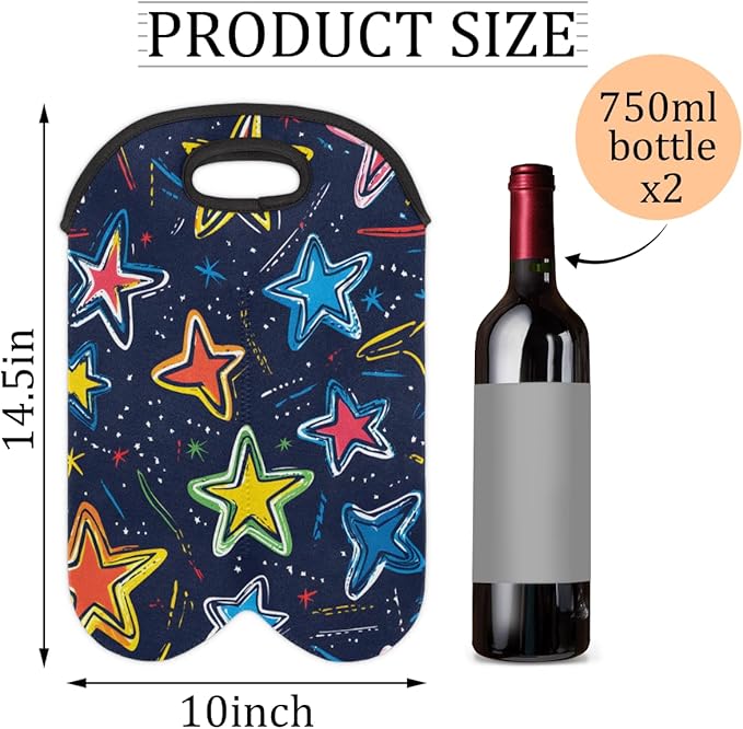 Neoprene Wine Tote, Bottle Carrier Gag Insulating Neoprene Thicker, Insulated Wine Bag for Travel Holds Two Bottles, Bottle Carrier Bags Protect the Bottles, Colorful Stars