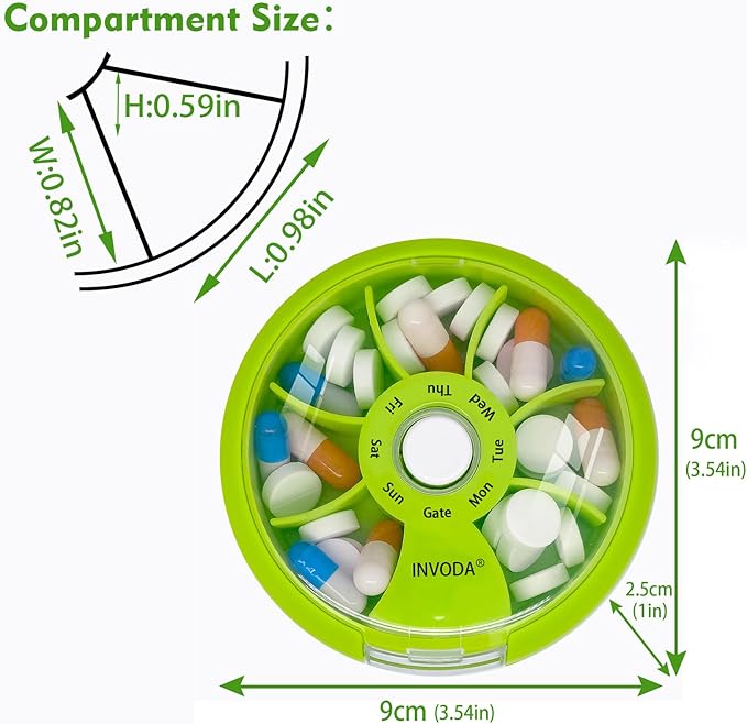 INVODA Weekly Pill Organizer 7 Compartment Rotating Pill Box for Daily Medication & Vitamins - Portable Travel Pill Case Fish Oil Supplements Vitamins Organizer (Orange)