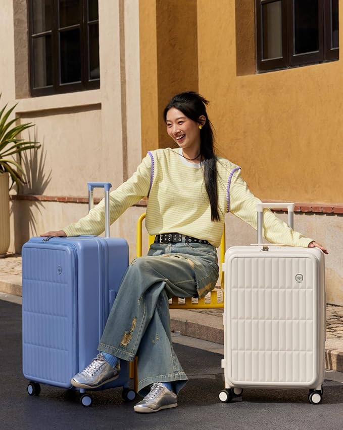 aji Expandable Top Open 26 Inch Checked Luggage with Spinner Wheels, Large Suitcase with TSA Lock, Hardside Travel Luggage Suitcases for Men Women, for 24+Days Travel, Coconut White