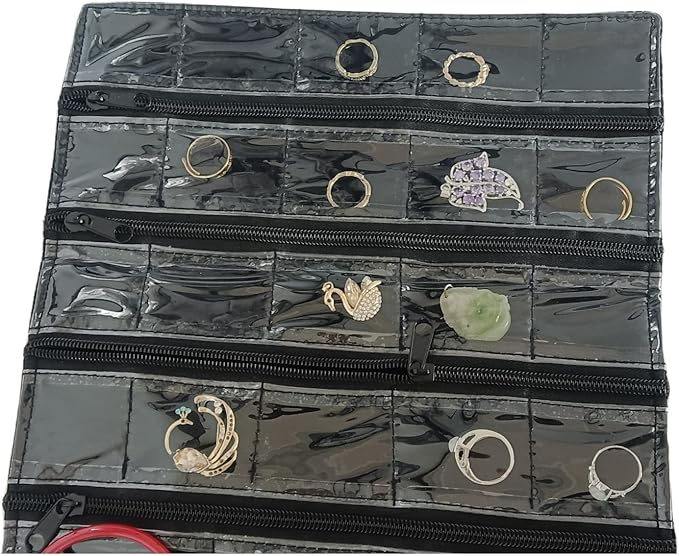 Travel Jewelry Roll Bag Portable Organizer Pouch With Grids&PVC Cover Storage Bags for Necklace, Bracelet, Bracelet,Ring, Badge, Pendant