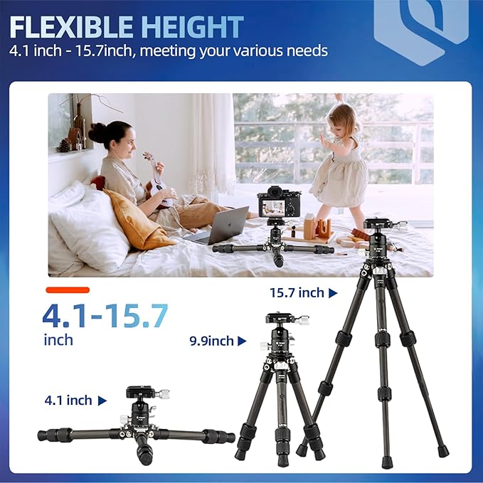 Fotopro Carbon Fiber Mini Tripod Lightweight Compact Travel Tripod with 360 Degree Ball Head, QR Plate for Camera Camcorder Mini Tripods Max Load 11lbs P-2mini Black