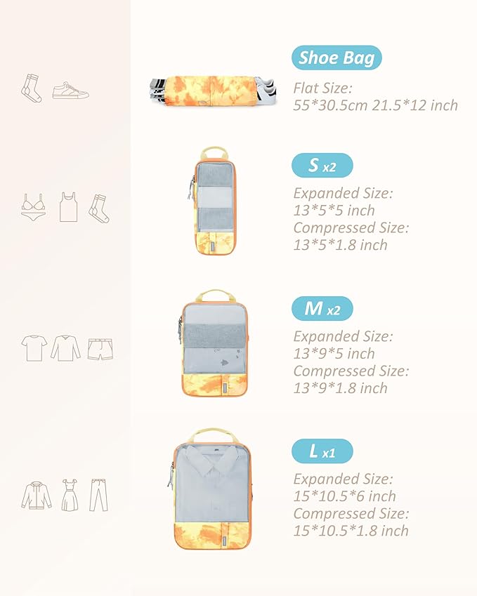 BAGSMART 6 Set Compression Packing Cubes - Lightweight Travel Essentials, Durable Luggage Organizer