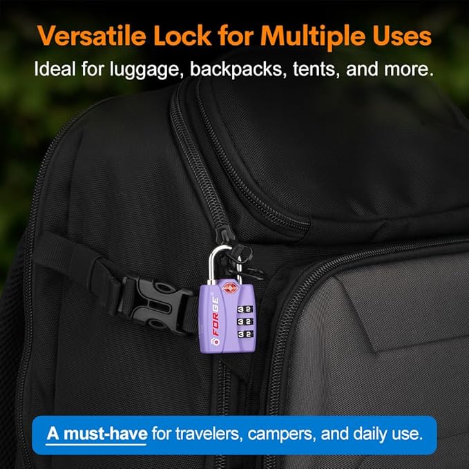 Forge Luggage Locks TSA Approved 2 Pack Purple, Small Combination Lock with Zinc Alloy Body, Open Alert, Easy Read Dials, for Travel Suitcase, Bag, Backpack, Lockers.