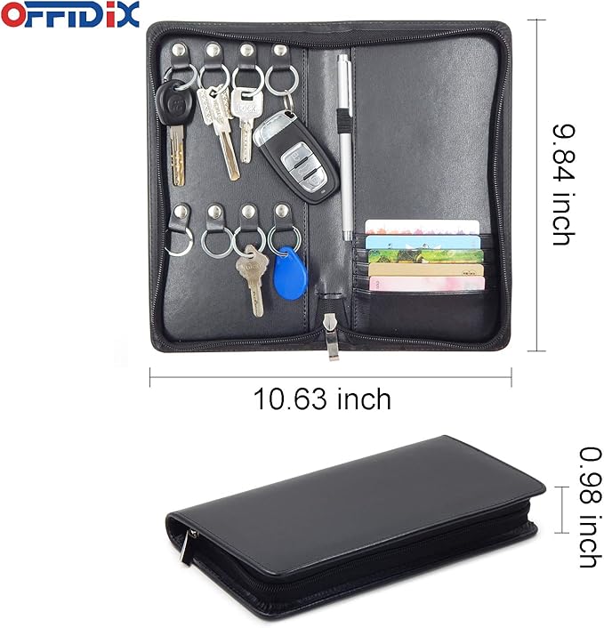 OFFIDIX PU Leather Portable Key Cabinet,8-Key Hooks Portable Zippered Key Case Menus Card Organizer Holder Business Padfolio for Real Estate Sales,Hotel Executives, Car Service