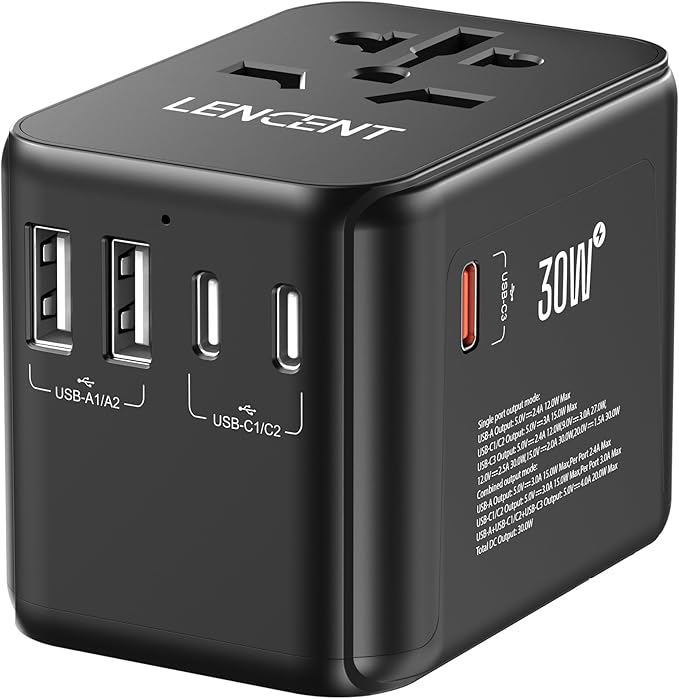 LENCENT Universal Travel Adapter, GaN III 30W International Charger with 2 USB Ports & 3 USB-C PD Fast Charging Adaptor, Worldwide Wall Charger for iPhone,Laptops, Type A/C/G/I (USA/UK/EU/AUS)