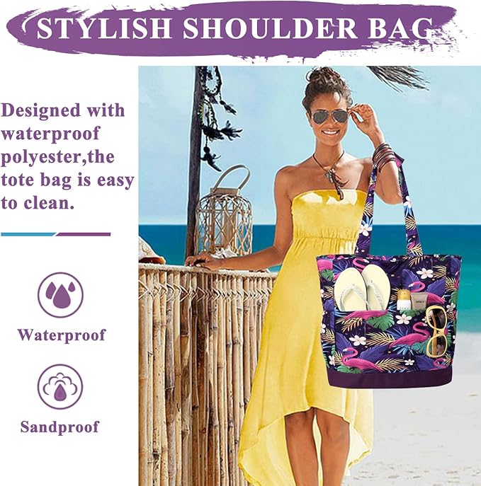 VASCHY Beach Bag for Women, Large Waterproof Sandproof Fold-able Packable Pool Tote Bag w Zipper/Pockets