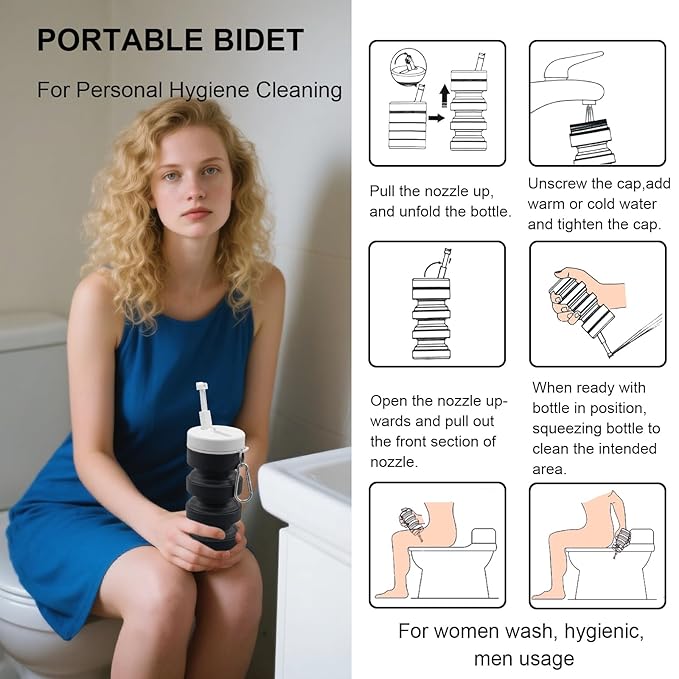 Collapsible Handheld Bidet Portable With Retractable and Angle-Adjustable Nozzle,Hook,300ML,Silicone Peri Bottle For Personal Hygiene Cleaning,Outdoors Camping & Travel,Bidet Sprayer for Women Men 1Pc