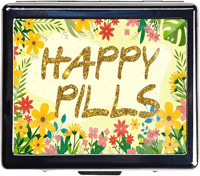 Silver Vintage Pill Box 7 Day Metal Pill Box with Mirror and 8 Compartments Cute Travel Pill Organizer for Purse (Happy Pills)