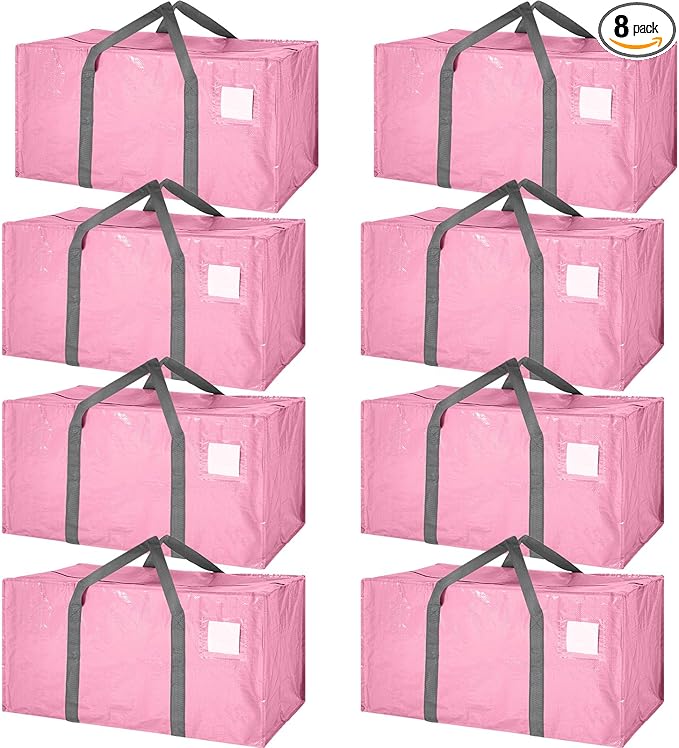 8 Pack Extra Large Moving Bags Heavy Duty Packing Bags with Extra Long Handles and Zippers Storage Totes for College Students Room Dorm Essentials Packing Supplies(Pink)