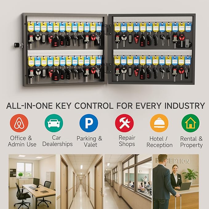 WeHere 48 Key Lock Box with Dual Lock, Combination & Key Unlock, Key Cabinet Wall Mount with Tag Label, Key Holder Storage Lockbox for Store, Office, Company, House, App Key Directory ERP