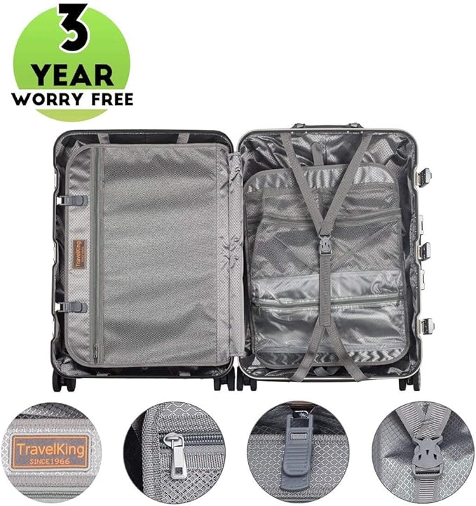 TRAVELKING All Aluminum Luggage Zipperless Hard Shell Suitcase with TSA Lock Spinner Wheels Lightweight Metal Alloy Suitcases (Grey, 24 inch)