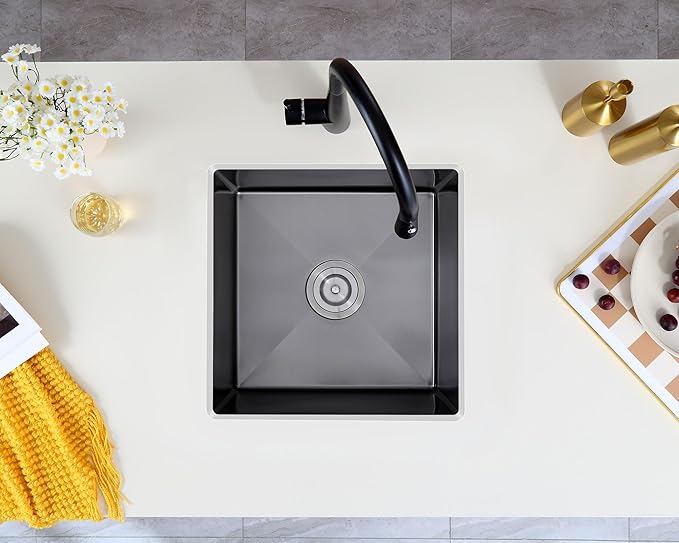 Black 18 inch Undermount Kitchen Sink - TSIBOMU 18 Gauge Stainless Steel 9" Deep Single Bowl Basin Undermount Kitchen Bar Sink, D18"xW18"xH9"