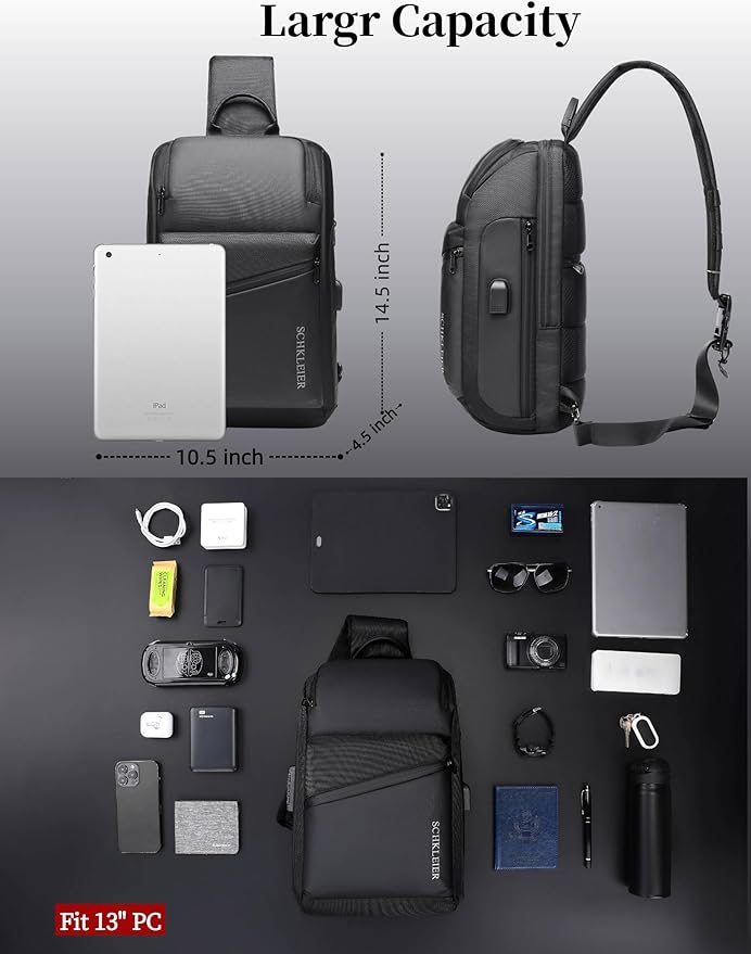 BASICPOWER Sling Bag for Men Women, Shoulder Crossbody Backpack with USB Port, Anti-theft Chest Bag for Business Travel Daily