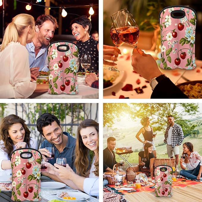Neoprene Wine Tote, Bottle Carrier Gag Insulating Neoprene Thicker, Insulated Wine Bag for Travel Holds Two Bottles, Bottle Carrier Bags Protect the Bottles, Flower Cherry