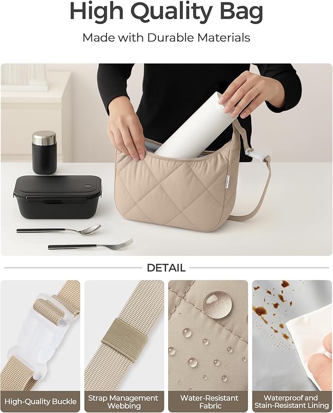 Quilted Lunch Bag for Women, Cute Insulated Lunch Tote with Adjustable Strap, Puffy Reusable Waterproof Cooler Bag, Stylish Bento Lunch Box for Work Picnic Travel, Beige