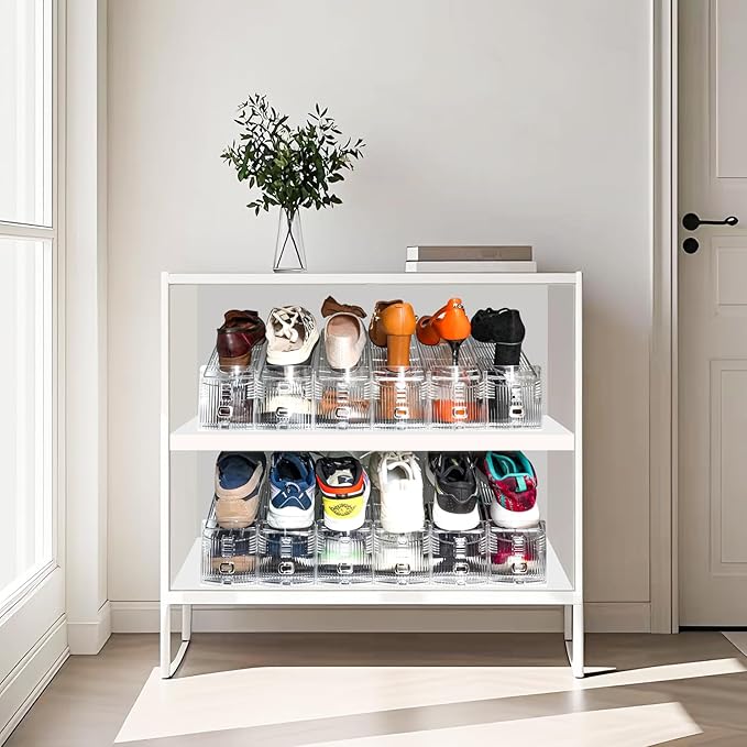 Shoe Slots Organizer, 12PCS Adjustable Double Layer Stack Shoe Rack, 50% Space-Saving Storage Rack Holder, Transparent