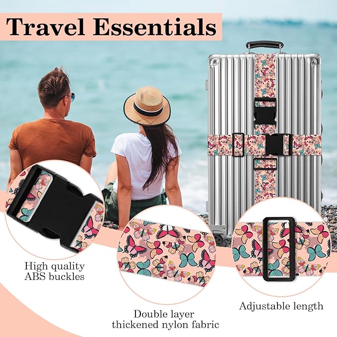Butterfly Luggage Straps for Suitcases TSA Approved, Luggage Identifiers for Suitcase, Adjustable Suitcase Strap for Baggage Security with Cute Patten, Travel Necessary Accessories (2Pack)